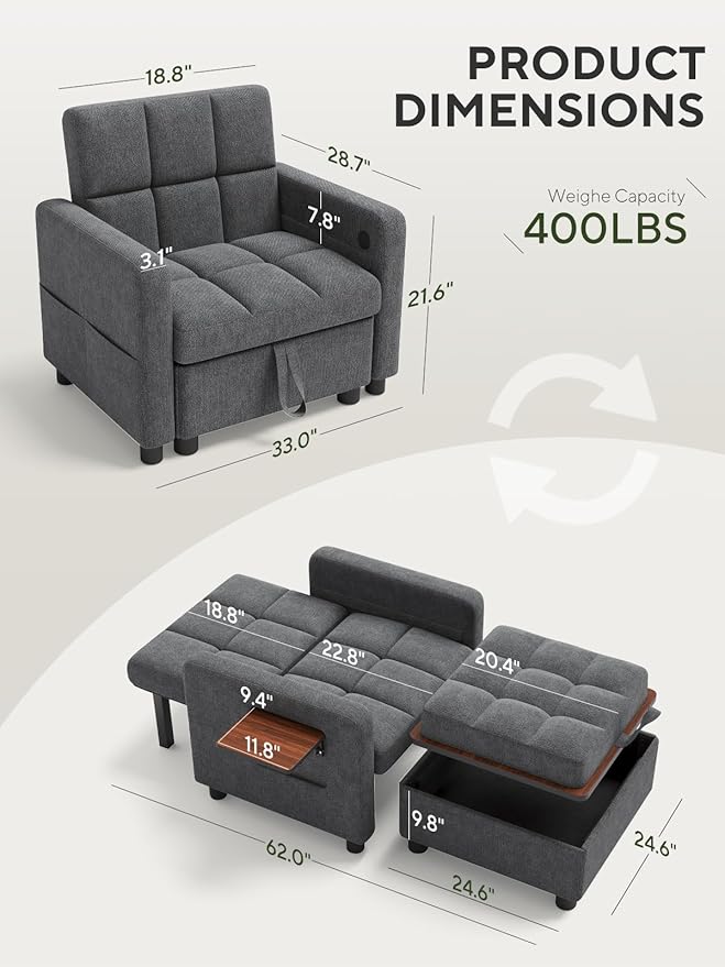 Convertible Sleeper Chair 3 in 1 Pull Out Sofa Bed | Single Sofa Bed with Storage Ottoman and Adjustable Backrest | Reading Chair with Foldable Table &amp USB Port Grey