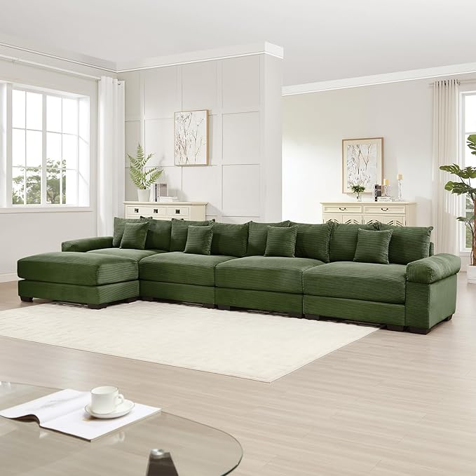 168 Corduroy Sectional Couches for Living Room Green Comfortable Oversized Sectional Sofa Set with Deep Seat Large 4 Seater with 1 Ottoman Sofas para Sala L Shaped Couch with Chaise Lounge
