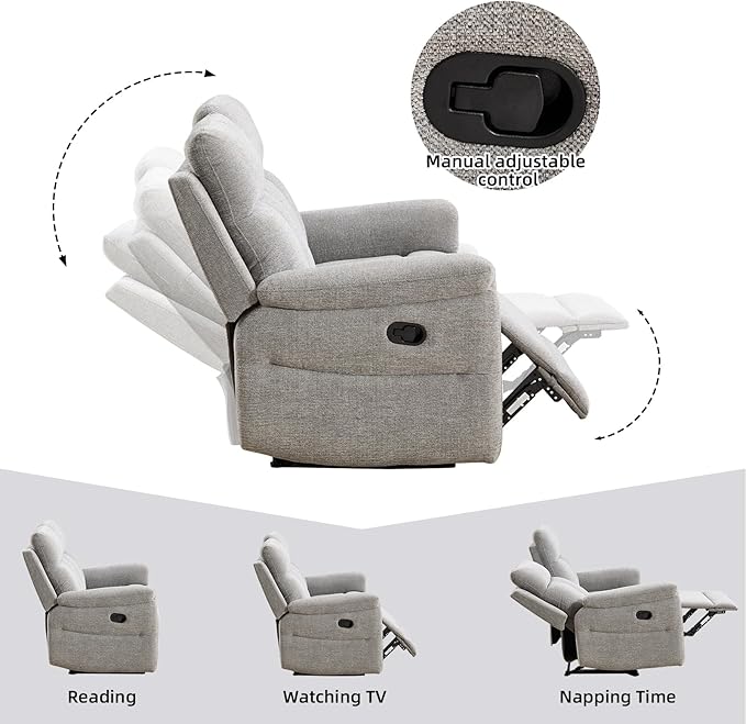 Manual Reclining Sofa 3 Seat Soft Fabric Recliner Couch for Adults with Overstuffed Arms and Back Sofa Recliner for Living Room (Silver)
