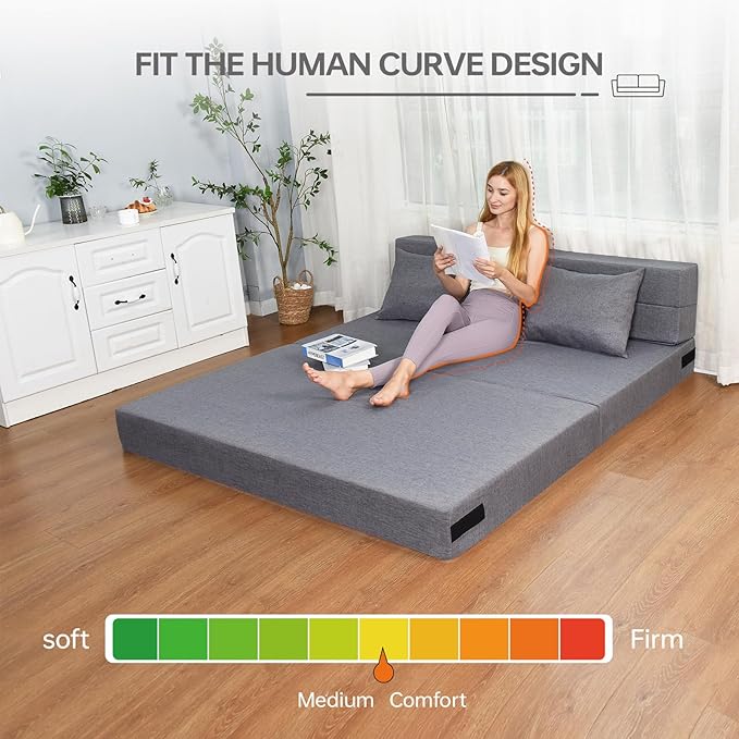 Folding Sofa Bed Foldable Bed Sleeper Chair with Removable Washable Cover Convertible Fold Out Couch with Pillow Futon Couch for Living Room Dorm Guest Room Queen Size Light Grey