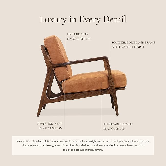 Poly &amp BARK Verity Leather Accent Chair – Armchair with Walnut Wood Frame – Fashion-Forward Lounge Seating for Living Room – Upholstered in Cognac Tan Leather for Modern Style