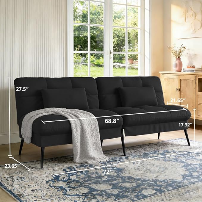 COMHOMA 72″Futon Sofa BedModern Convertible Sleeper Sofa Fabric Futon Couch with Multi-Position Backrest for Living Room Furniture (Black)
