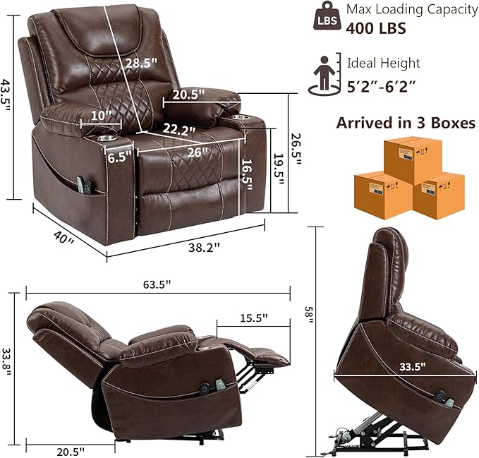Oversized Power Lift Recliner Chair for Big and Tall 400 LBS Dual Motor Electric Recliner with Heat &amp Massage Zero Gravity Leather Sofa Chair for Living Room Home Theater Brown