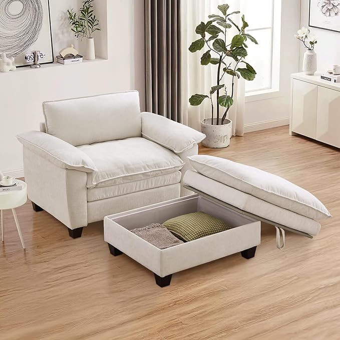 Oversized Chair with Ottoman Cloud Chenille Fabric Comfy Chaise Lounge Sofa Accent Arm Single Chair Indoor with Padded Armrest for Living Room Bedroom Office Storage Ottoman Beige