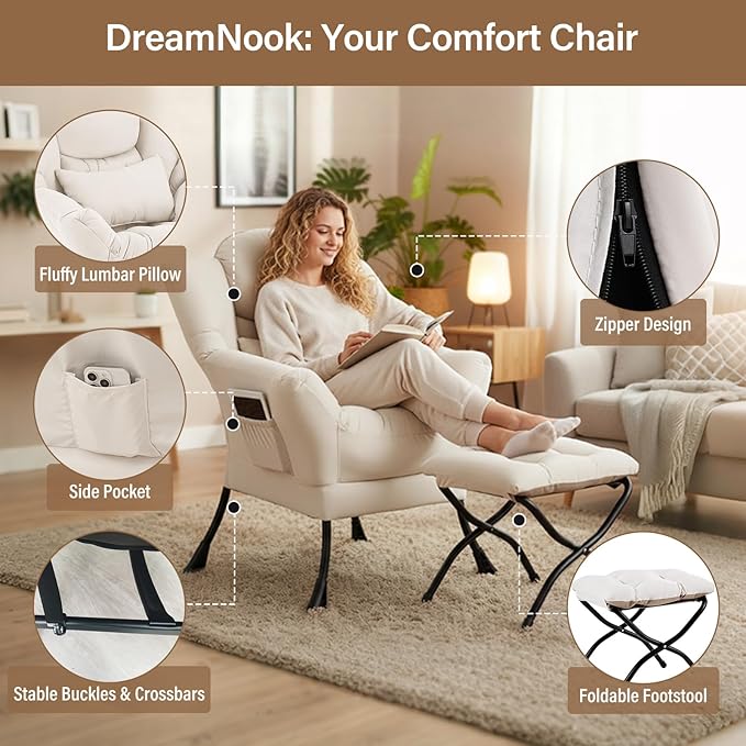 Lazy Chair with Ottoman Modern Accent Chair with Lumbar Pillow Beige Sofa Armchairs with Folding Footrest Oversized Supportive Chairs for Bedroom Reading