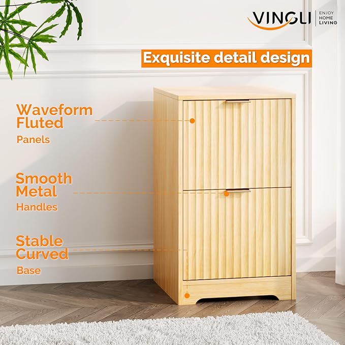 VINGLI 2 Drawer File Cabinet Home Office Filing Organizer for Letter Size File Folder Storage Modern Style Fluted Design Wood Vertical Filing Cabinet Printer Stand Archivador (Oak)