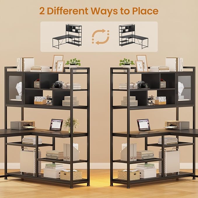 SEDETA L Shaped Computer Desk 58'' Office Desk with LED Light and Bookshelf L Shaped Corner Desk with Storage Shelves for Home Office Gaming Desk L Desk Black