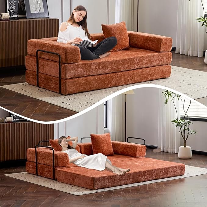 4-in-1 Convertible Folding Sleeper Sofa Bed Fold Out Floor Sofa Couch with Fixed-Shape Frame Cloud Corduroy Foldable Mattress Couch for Living Room Bedroom (78.5 Chenille Orange)