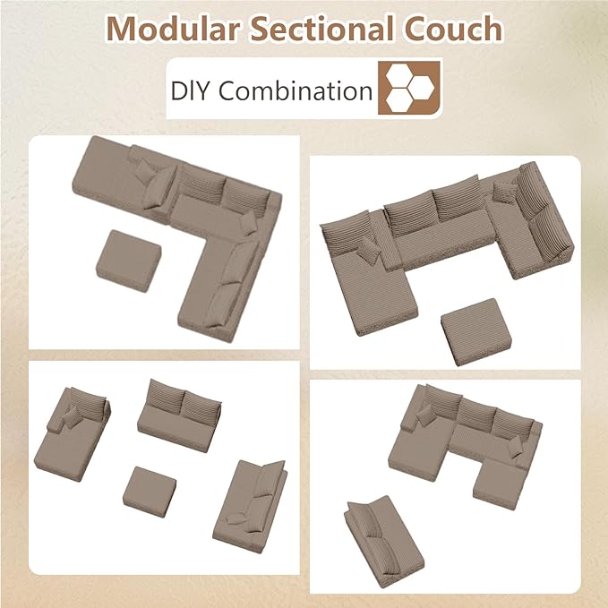 Cloud Modular Sectional Sofa for Living Room167x69.7 Oversized U-Shaped Couch with 7 PillowsBig Comfy Couches SetFluffy Corduroy Sofa with Ottoman &amp ChaiseNo Assembly(CamelLeft-Facing Chaise)