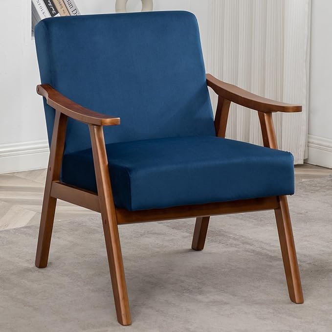Mid Century Modern Accent Chair Upholstered Armchair Comfy with Wood Legs Siting Chair with Soft Cushion PU Leather Side Chairs for Living Room Bedroom Office (Velvet Dark Blue)