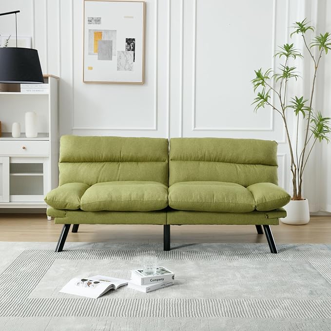 Convertible Futon Sofa Bed Linen Folding Loveseat Couch with Adjustable Backrest and Wooden LegsDouble Sleeper Sofa Couches for Small Spaces Living Rooms Apartment Office (Green)
