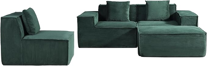 Rowan Convertible Corduroy Sectional Couch with Ottoman &amp Pillows Modular L Shaped Sleeper Sofa Boneless Cloud Couch for Living Room Furniture Dark Green