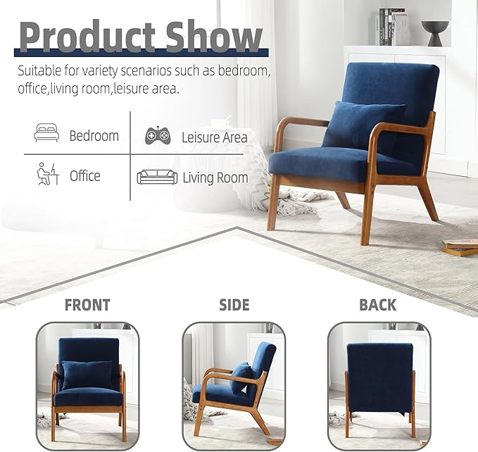 Modern Accent Chair Solid Wood Padding Lounge Armchairs with One Pillow for Living Room Bedroom Guest Room (Navy)