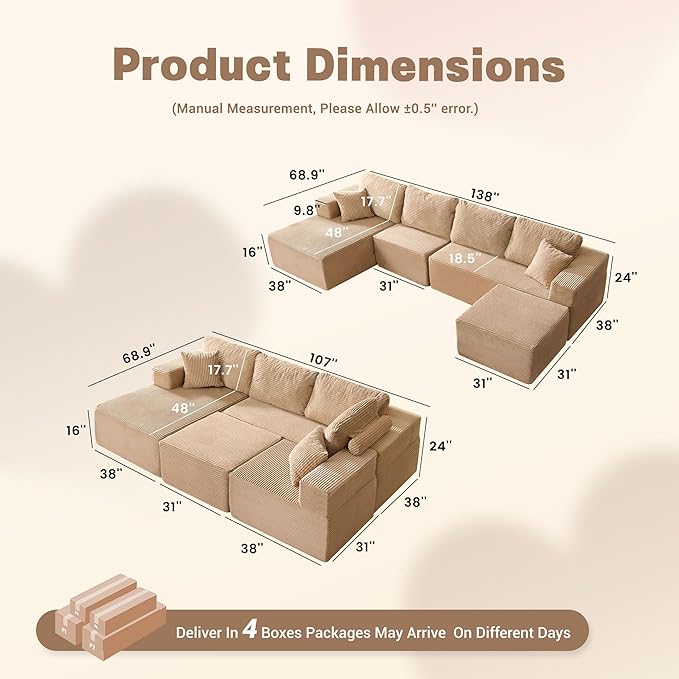 138 Boneless Couch with Deep Seat Set of Modular Sectional Sofa Cloud Sectional Couch for Living Room No Assembly Required Corduroy U-Shape 4 Seater Left Camel