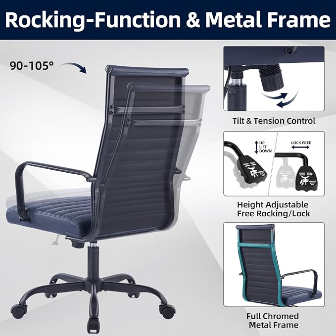 Office Chair Ergonomic Executive Conference Room Chairs Ribbed Leather Desk Chair with Lumbar Support Adjustable Height Mid-Back Swivel Chair with Padded Seat