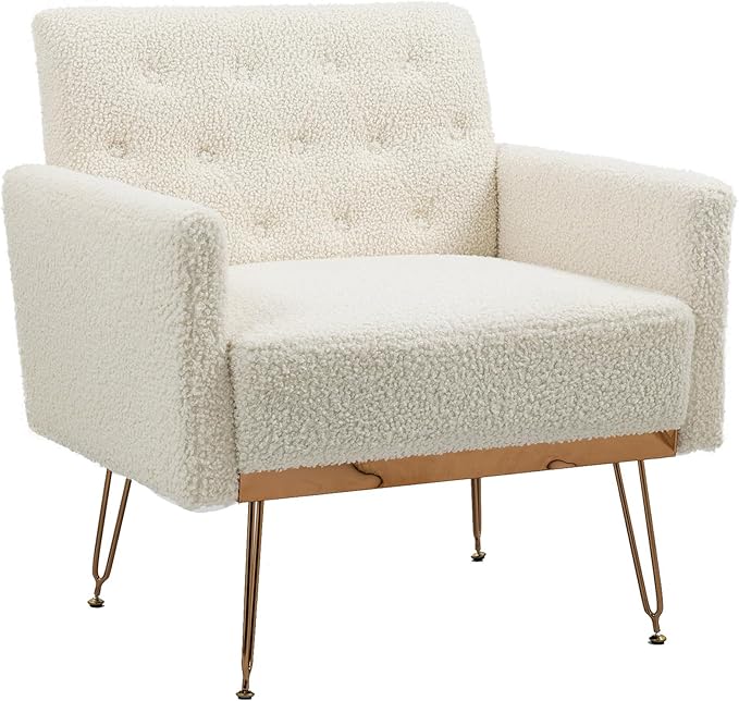 White Accent Chair for Living RoomBedroom | Mid Century Modern Armchair with Leg and Tufted Back Teddy Comfy Small Single Reading Chair (White)