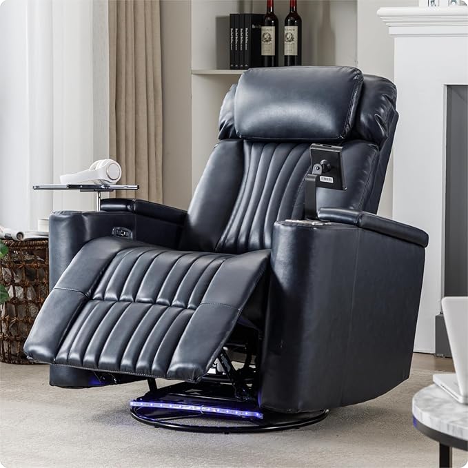 Power Swivel Glider Recliner for Nursery Home Theater Seating with Hidden Arm Storage LED Light Strip Cup Holder Tray Table Cell Phone Holder for Living Room