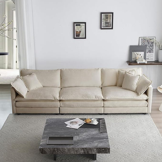 kevinplus 111.5'' Beige Modular Sectional Sofa Couch for Living Room Modern Contemporary 3-Seat Sofa Couch for Apartment Office Chenille Fabric Beige