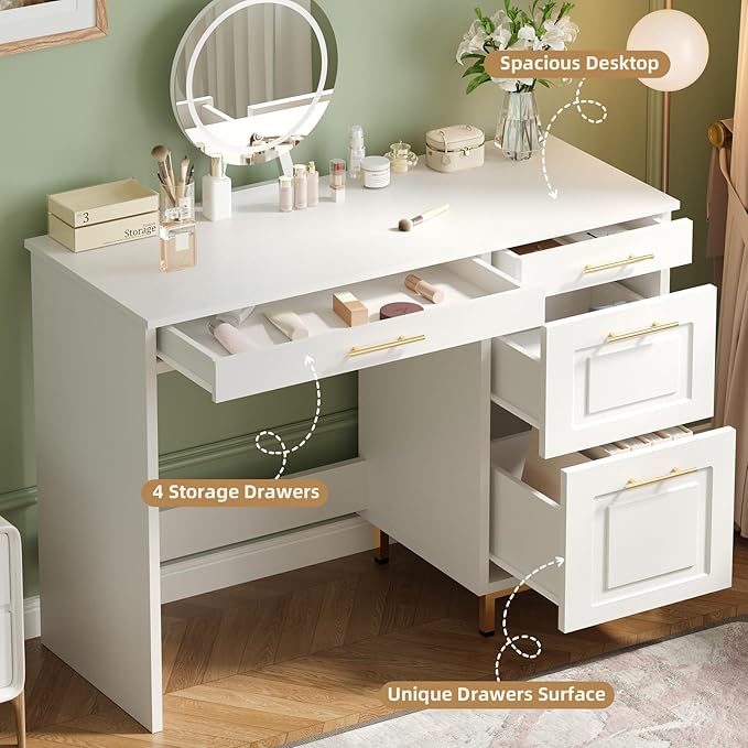 4 EVER WINNER White Desk with Drawers 44 Inch Computer Desk with Storage and Golden Handle Writing Desk Sturdy Table for Home Office White and Gold Desk