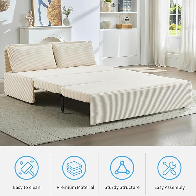 Mjkone 64 Width Sofa Bed Queen Size with Pull Out Couch Beds 2-in-1 Modern Corduroy Living Room Pull Out Sleeper Sofa Bed Couch with Cushions and Throw Pillows for Apartment Home Office Beige