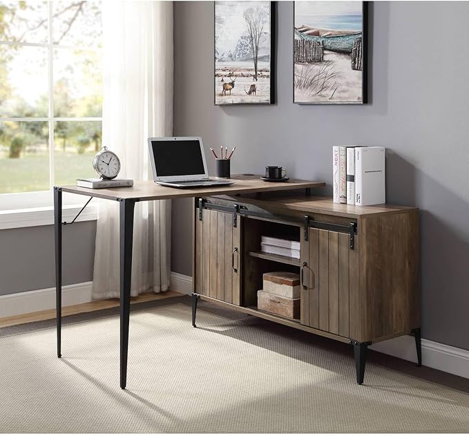 Zakwani 48 L-Shaped Writing Desk - Gray Oak &amp Black Finish (Versatile Home Office Desk - Sliding Barn Door Storage