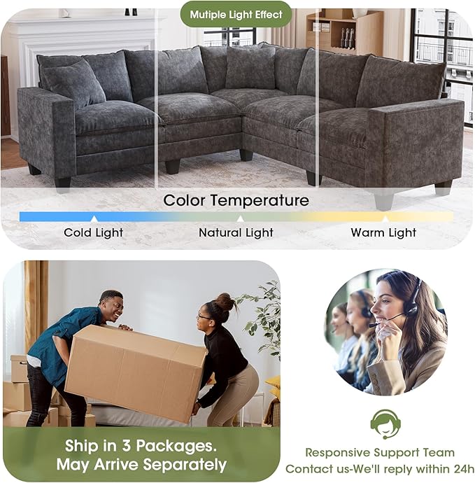 97 L Shaped Sectional Couch Comfy Chenille Cloud Couch 5 Seat Modular Cloud Sofa with 2 Pillows &amp Storage Armrests Convertible V Shaped Corner Couch Sectional Couches for Living Room Grey
