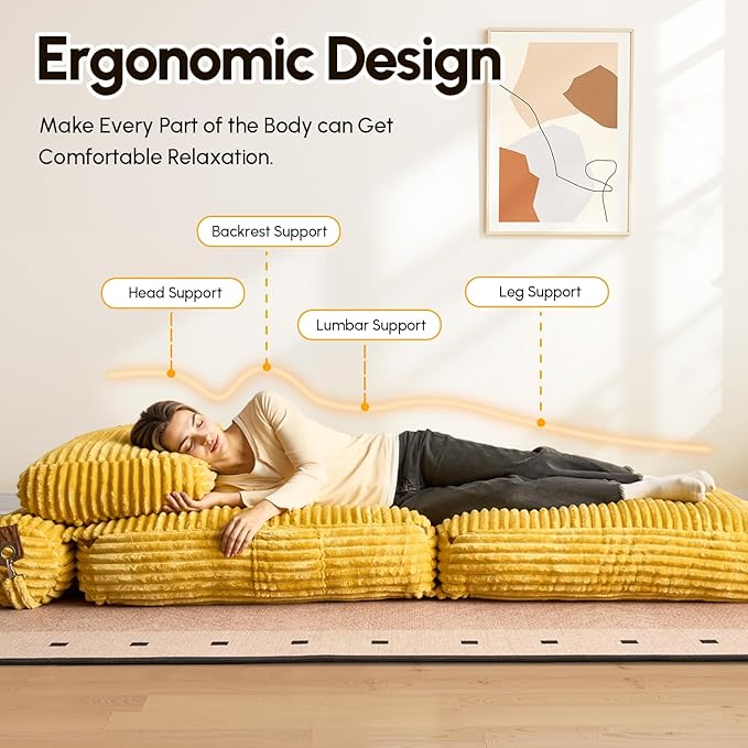 Folding Sofa Bed Convertible Sleeper Chair with Pillow Foldable Mattress Lounge Chair for Living Room Bedroom Portable Guest Bed Yellow