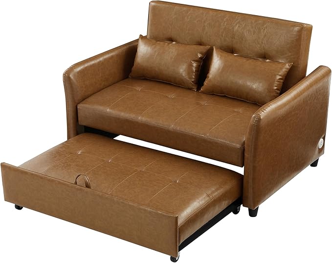 51.57 Convertible Sleeper Sofa Bed Adjustable Oversized Armchair with Three USB PortsU Leather Pull Out Sofa Bed for Apartment Living Room Small Space (Brown/PU)