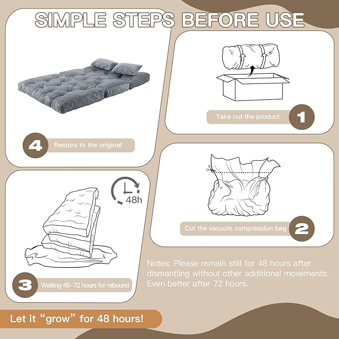 Folding Sofa Bed Convertible Sleeper Chair with Pillow Foldable Mattress with Back Support Portable Fold Out Chair Bed Comfy Floor Sofa Lounge for Living Room Bedroom Dark Gray Full 80x54 Inch