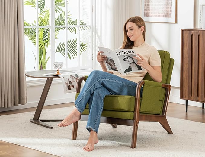 Mid Century Modern Chair Set of 2 Upholstered Lounge Arm Chair with Solid Wood Frame Comfy Accent Chair for Living Room Bedroom Reading ReceptionGreen