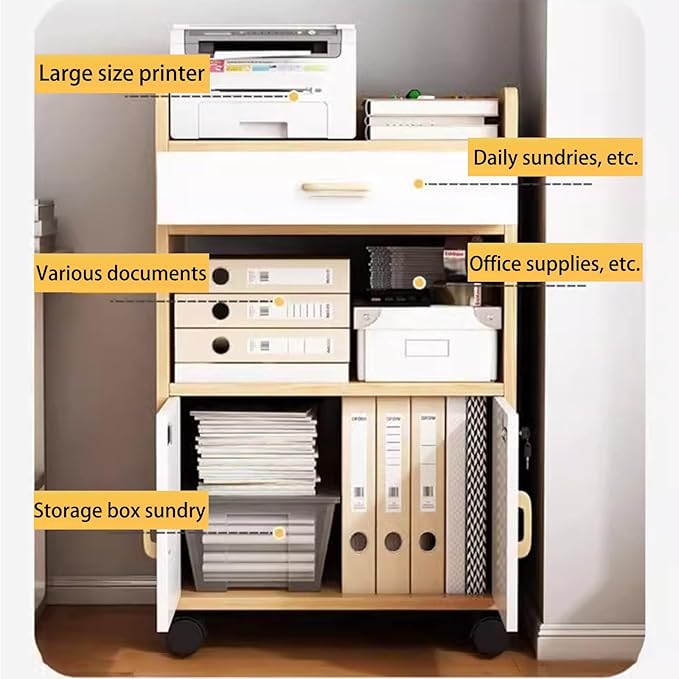File Cabinet on Wheels Under Desk Filing Cabinet Floor Standing Wooden Filing Cabinet Rolling Printer Stand Vertical Filing Cabinets for Home Office Portable File Cabinet