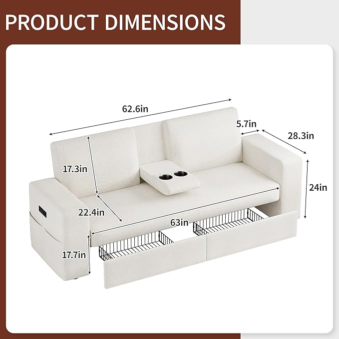 Maupvit 75” Loveseat Sofa with 2 Drawers USB &amp Type-C Charging Port Comfortable Linen Living Room Couch with Small Table Board Upholstered Small Settee Fits Bedroom OfficeBeige