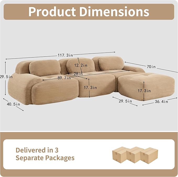 117.3” Modular Sectional Sofa Corduroy L Shape Boneless Couch with Ottoman Comfy 4 Seater Cloud Sofa Sectional Deep Seat Modern Upholstered Couches for Living Room No Assembly Required