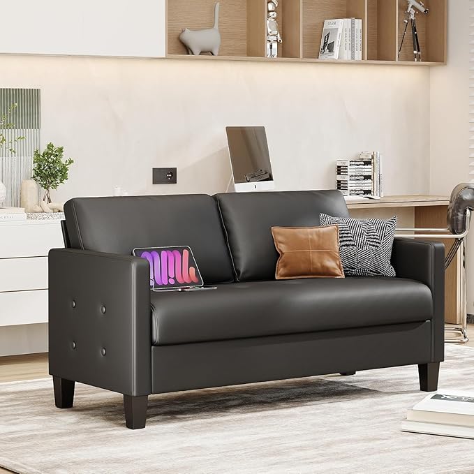 STHOUYN 59” Black Faux Leather Sofa Couch Modern Comfy Office 2 Seater Couch Loveseat with USB &amp Tufted Armrest Small Love Seat Couches for Living Room Bedroom Apartment