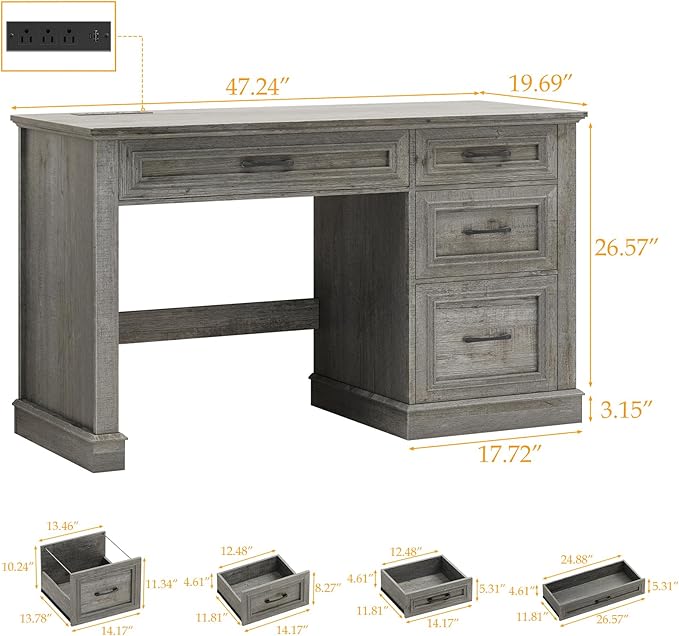 Farmhouse 47 Executive Desk Computer Desk with Drawers and File Drawer Workstation Computer Desk with Charging Station for Home Office Study (Grey)