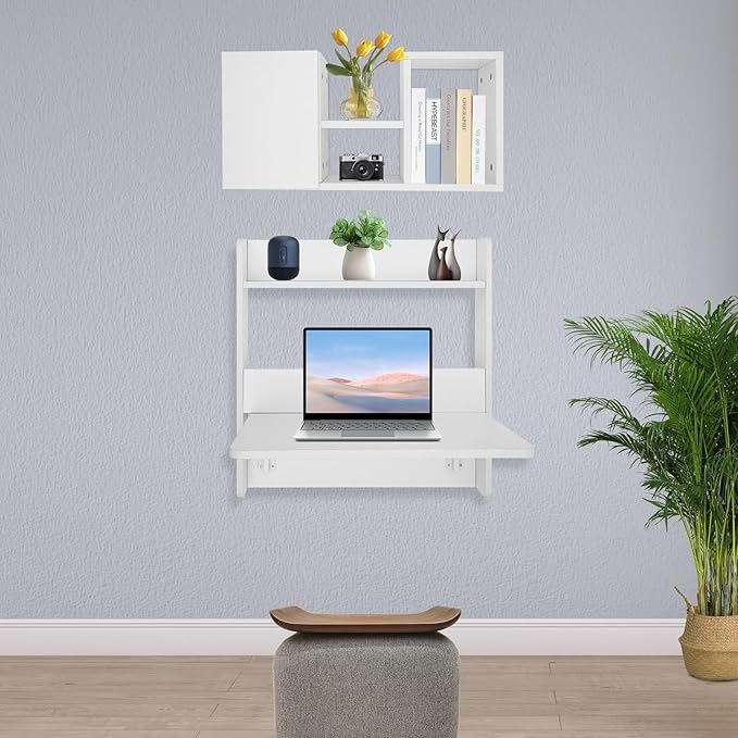 Wall Mounted Desk Fold Down Laptop Computer Table Floating Desk with Storage Compartments for Home Office Study Space Saving (White)
