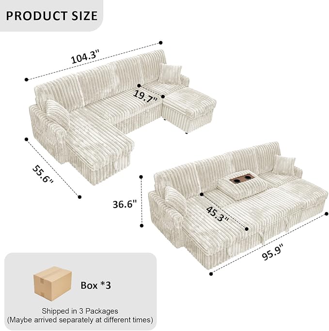 104 U Shaped Sleeper Sofa Bed Sectional Couches for Living Room Plush Corduroy Pull Out Couch Bed with Storage Modular Sectional Couch with Charging Station Cup Holder Side Pocket Beige