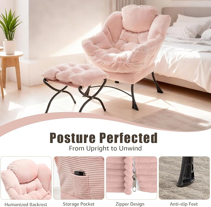 Large Lazy Chair and Ottoman for Adults Accent Chair Oversized Lounge Armchair with Side Pocket &amp Footrest Comfy Reading Chair Leisure Sofa for Bedroom Living Room Office (Corduroy Pink Sing
