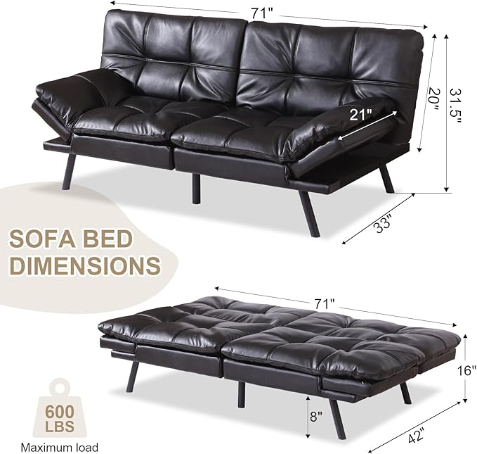 Opoiar 71-Inch Futon Sofa Bed Convertible Guest Bed &amp Loveseat | Cozy Faux Leather with Adjustable Positions for Welcoming Living Rooms - Black