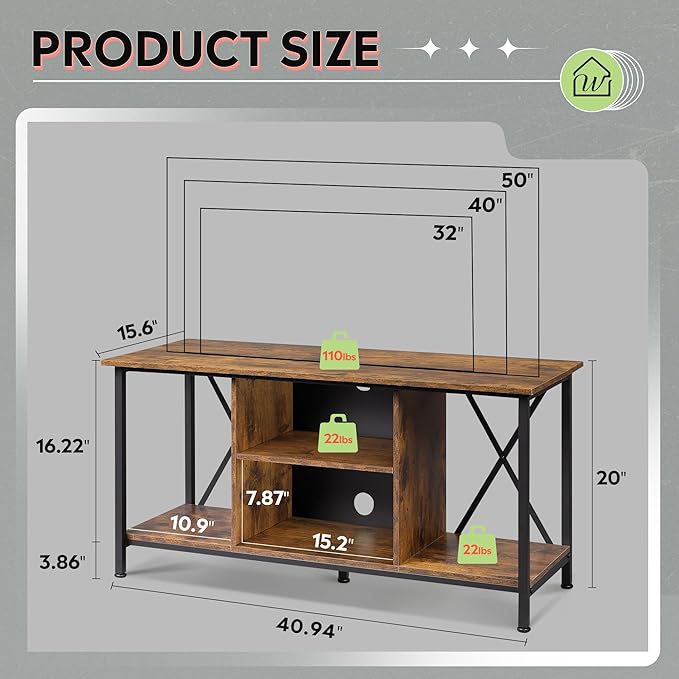 WLIVE Industrial TV Stand for up to 45 inch TV Heavy-Duty Metal Frame Entertainment Center Compact Media Console with Adjustable Shelf &amp Cable Management for Small Spaces Living Room Rustic Br
