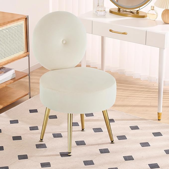 Furniliving Armless Vanity Chair for Makeup Room Velvet Vanity Stool with Back Living Room Chair with Solid Metal Legs for Bedroom Study Room Vanity(Khaki)