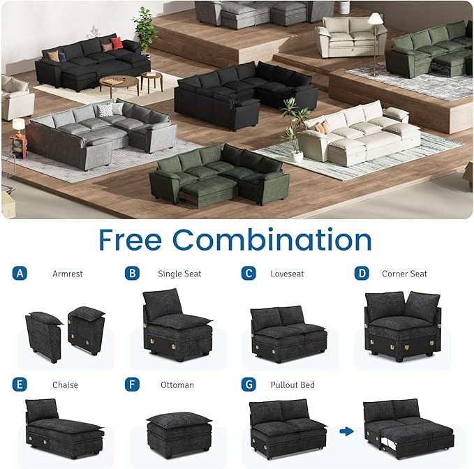 Belffin Corner Seat Module for Chenille Modular Sectional Sleeper Sofa Pullout Couch Dark Grey