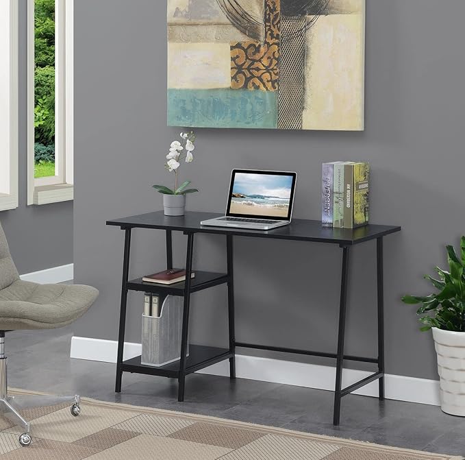 Pemberly Row Modern Trestle Wood Metal Desk Black Wood Grain Finish 47 in x 20 in x 29.25 in Particle Board and Powder Coated Metal Removable Shelves Home Office Workstation Desk