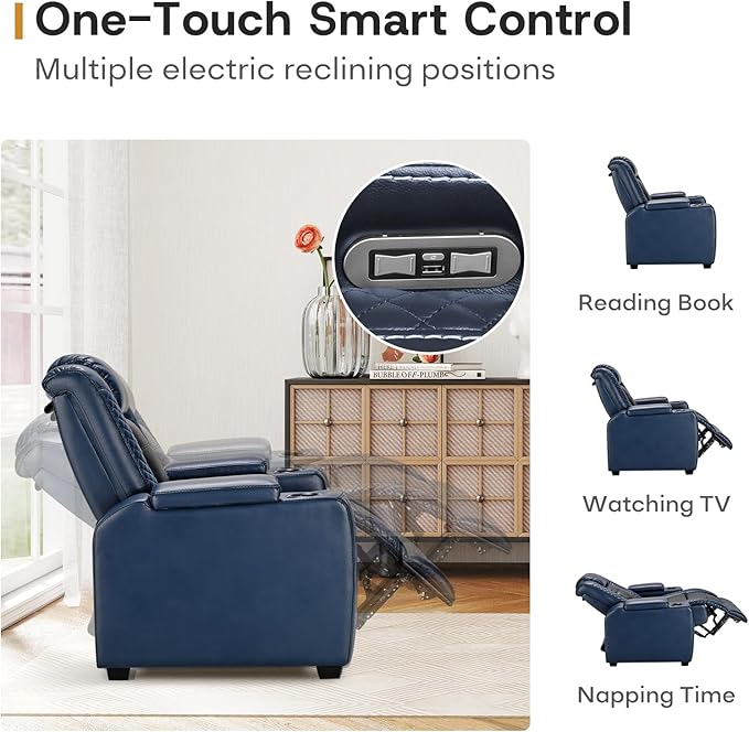 ANJ Power Home Theater Seating Set of 2 Blue Faux Leather Electric Recliner Chair with Adjustable Headrest Dual Motors Movie Reclining Chairs with LED LightsUSB portCup Holders Hidden Arm Storage