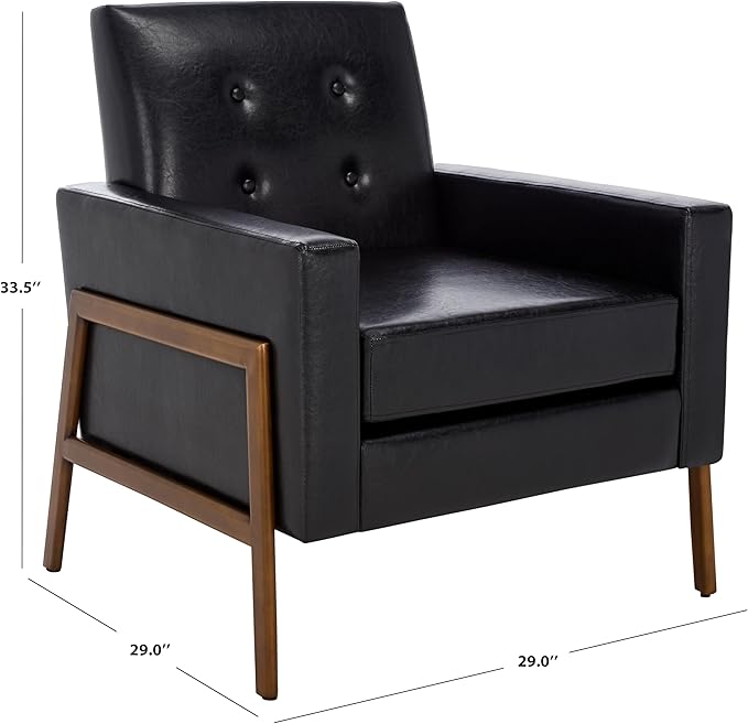 SAFAVIEH Home Collection - Roald Accent Chair Black Faux Leather Tufted Seat &amp Antique Brown Solid Wood Frame (ACH6209D)