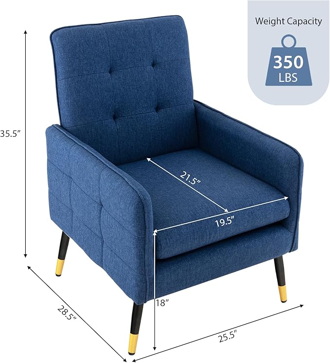Giantex Modern Mid-Century Accent Chair Set of 2 - Upholstered Armchair with Tufted Back Metal Legs Adjustable Foot Pads Fabric Single Sofa Chair for Reading Living Room Chair for Bedroom Blue