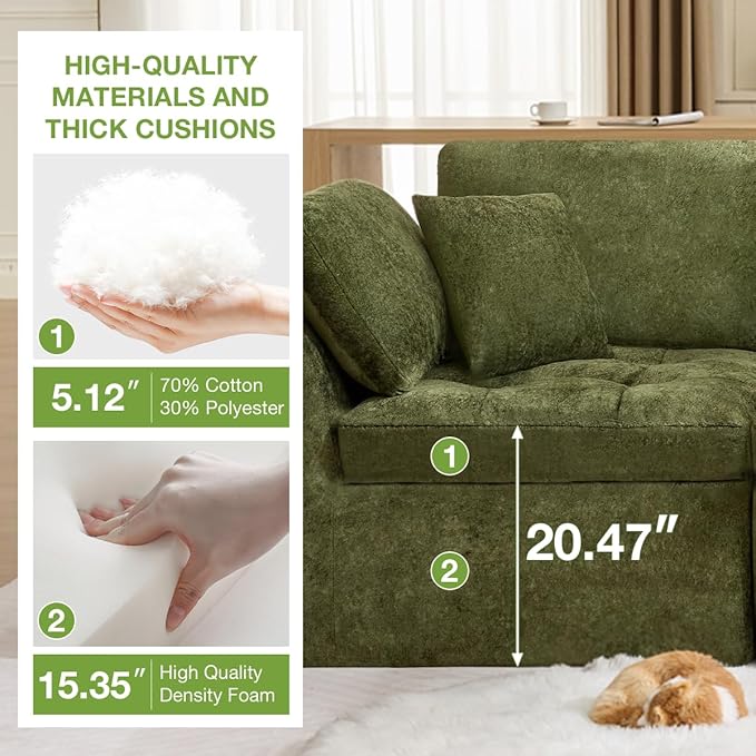 110 Cloud Sectional Couch for Living Room Upholstered L-Shape Modular Sofa with Movable Ottoman 3-Seater Deep-Seat Foam Couch Comfortable Convertible Sectional for Home &amp Apartment（Green）