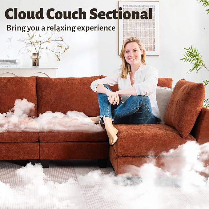 136.4 Modular Sectional Sofa U-Shaped 8 Seater Sectional Sofa with Storage Ottoman Linen L-Shaped Couch Large Cloud Couch with Cup Holders &amp USB for Living Room（Orange