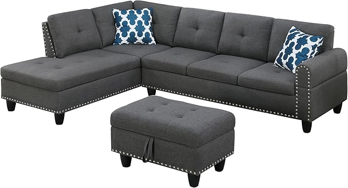 Convertible Sectional Sofa with Storage 4 Seat L Shaped Couch with Chaise and Cup Holder Modern Linen Fabric Sofá for Living Room Apartment Office (Dark Gray)
