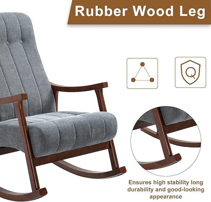 AVAWING Upholstered Rocking Chair with Fabric Padded Seat Comfortable Rocker Solid Wood for Living Room Modern High Back Armchair for Adult Dark Grey